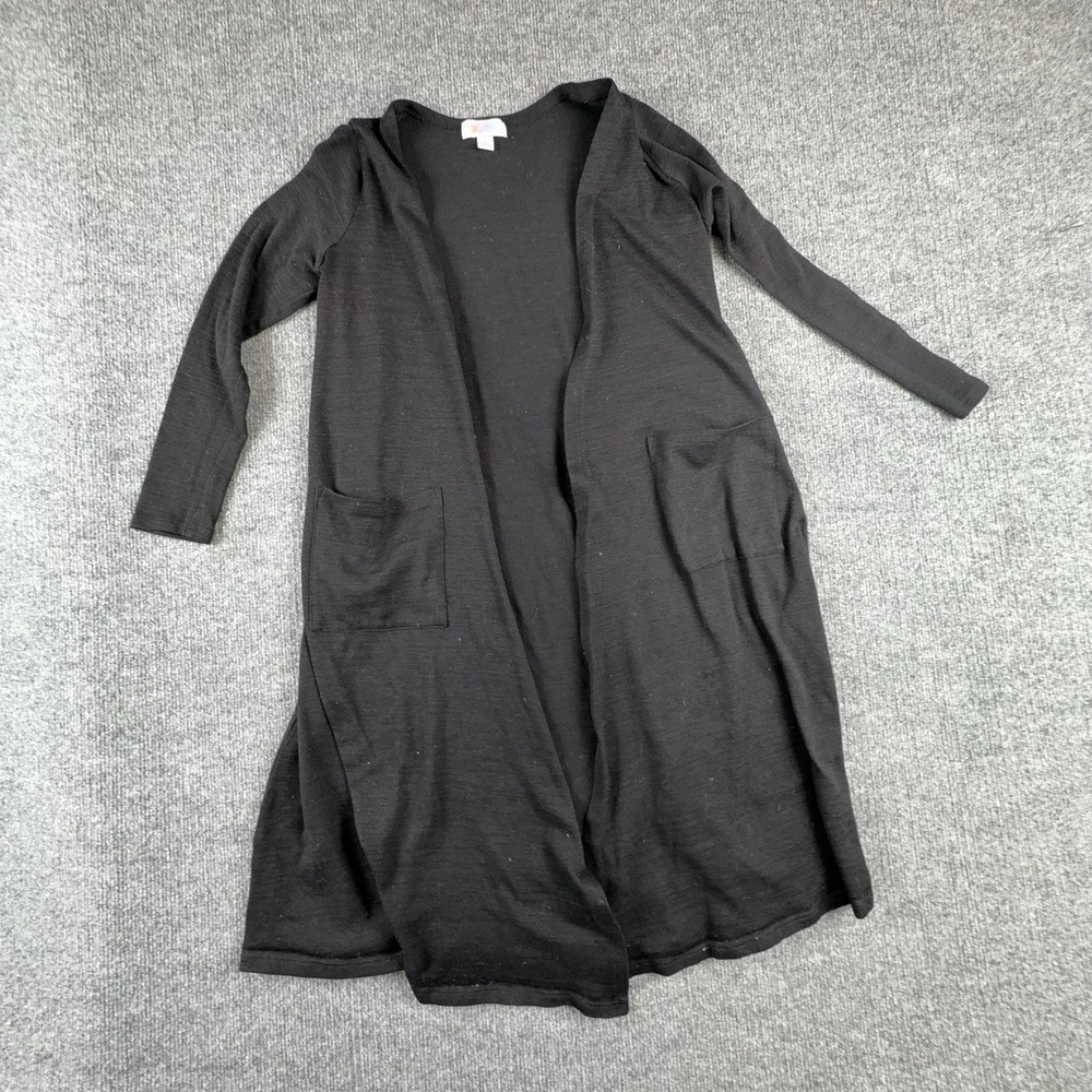 LuLaRoe Cardigan Sweater Womens Small Black Open Front Longline Pockets Knit